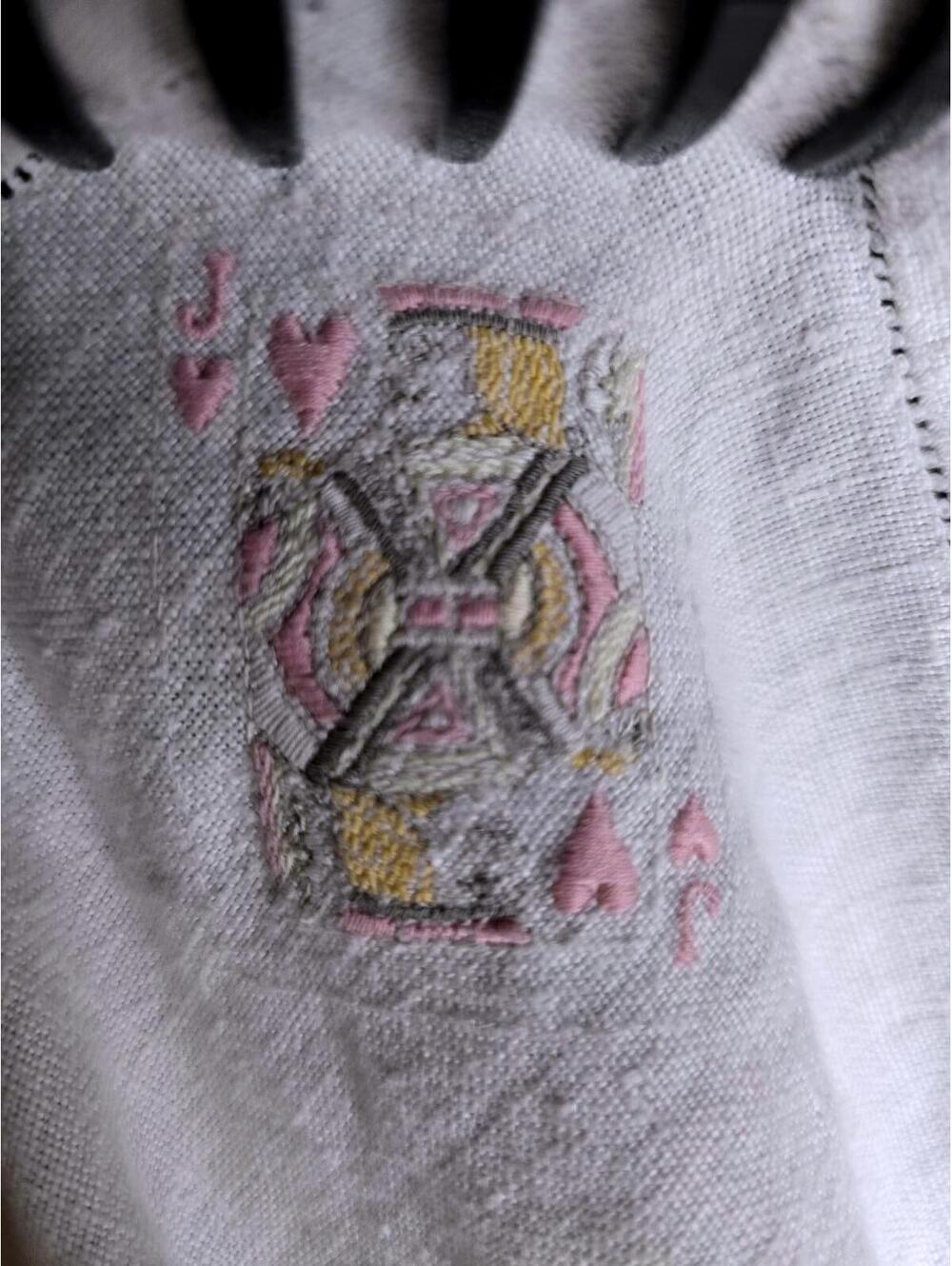 Vintage Hand Embroidered Bridge Poker Cards Linen Tablecloth and Napkins Set 60s